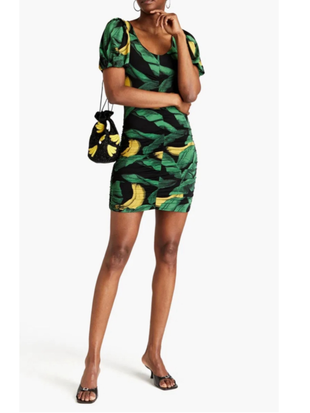 GANNI Mini Dress Size 36 Black Green Banana Print